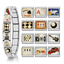 1PC Italian Elastic Link Charm Fit 9mm Stainless Steel Gold Color Chess Card Camera Violin Jeep DIY Making Jewelry Bracelets