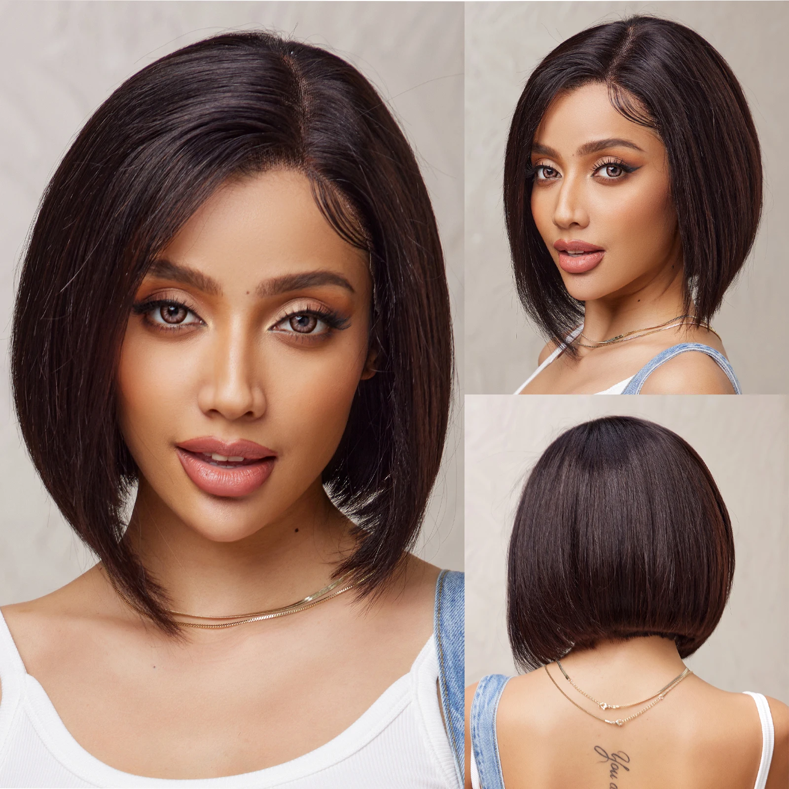 100% Remy Human Hair Wigs for Black Women Short Straight Black Lace Frontal Wigs Side Part Natural Human Hair Bob Wigs