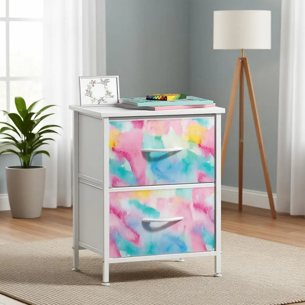 

Детская прикроватная тумбочка с 2 ящиками, стальным каркасом, деревянной столешницей и тканевыми корзинами для хранения