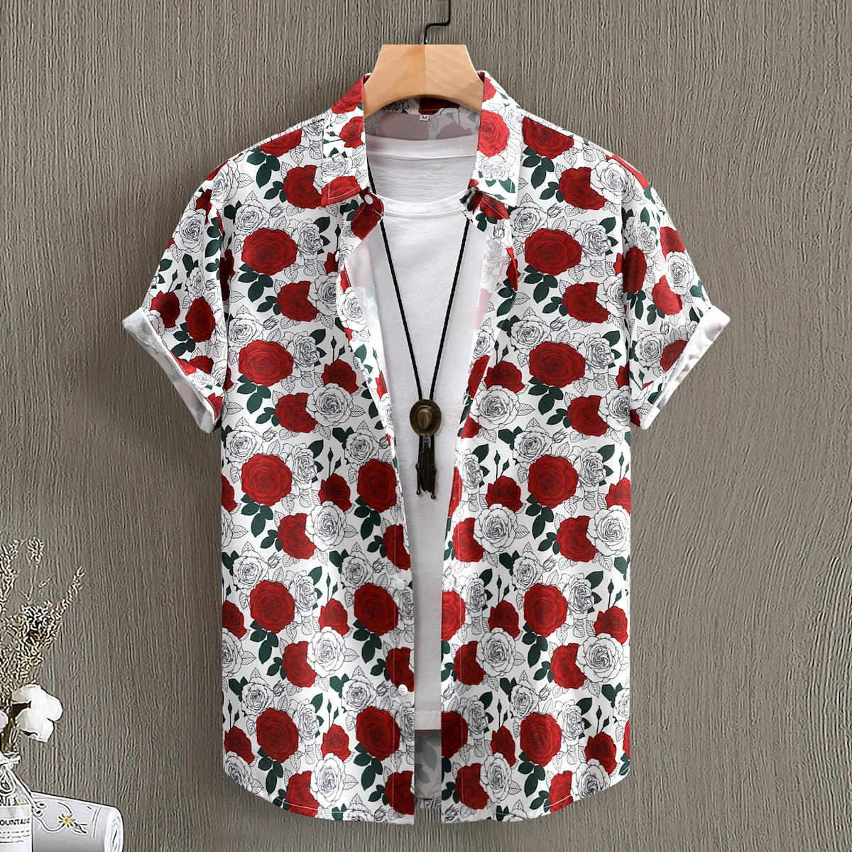 

Summer men's casual shirts with small florals, fashionable 3D digital printing, men's large size lapel short-sleeved shirts with