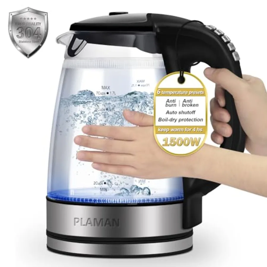 

1500W Electric Kettle with Temperature Control - 6-Temp Presets for Tea/Coffee Double Wall Cool-Touch 4H Keep Warm 1.7L Borosil