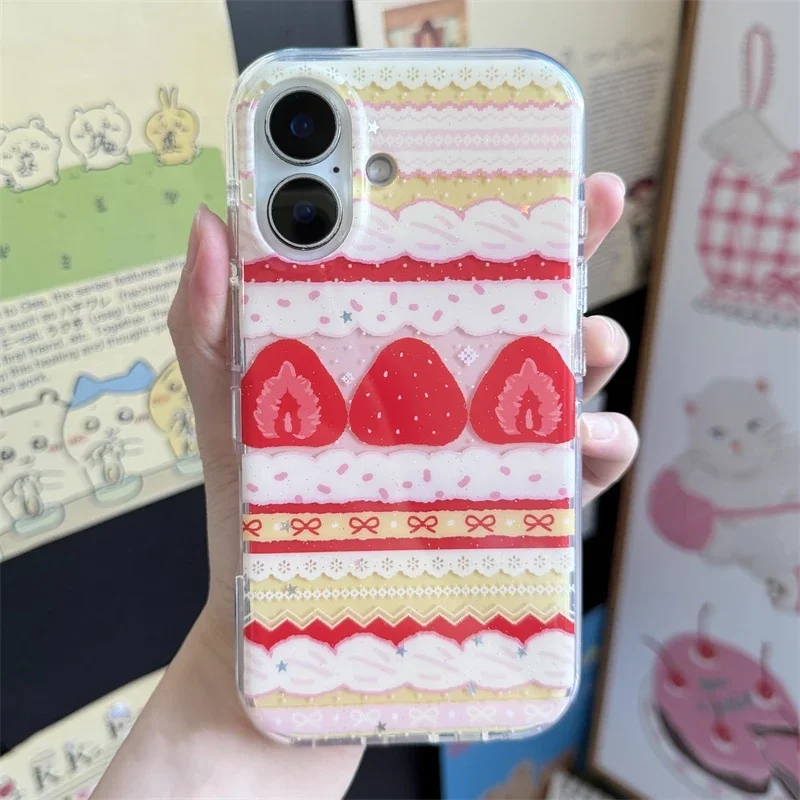 Мягкий чехол для телефона с клубничным кремом и кружевным бантом для iPhone 17 16 15 14 13 12 11 Pro Max 16e 17 Air X XR XS Max 7 8 Plus