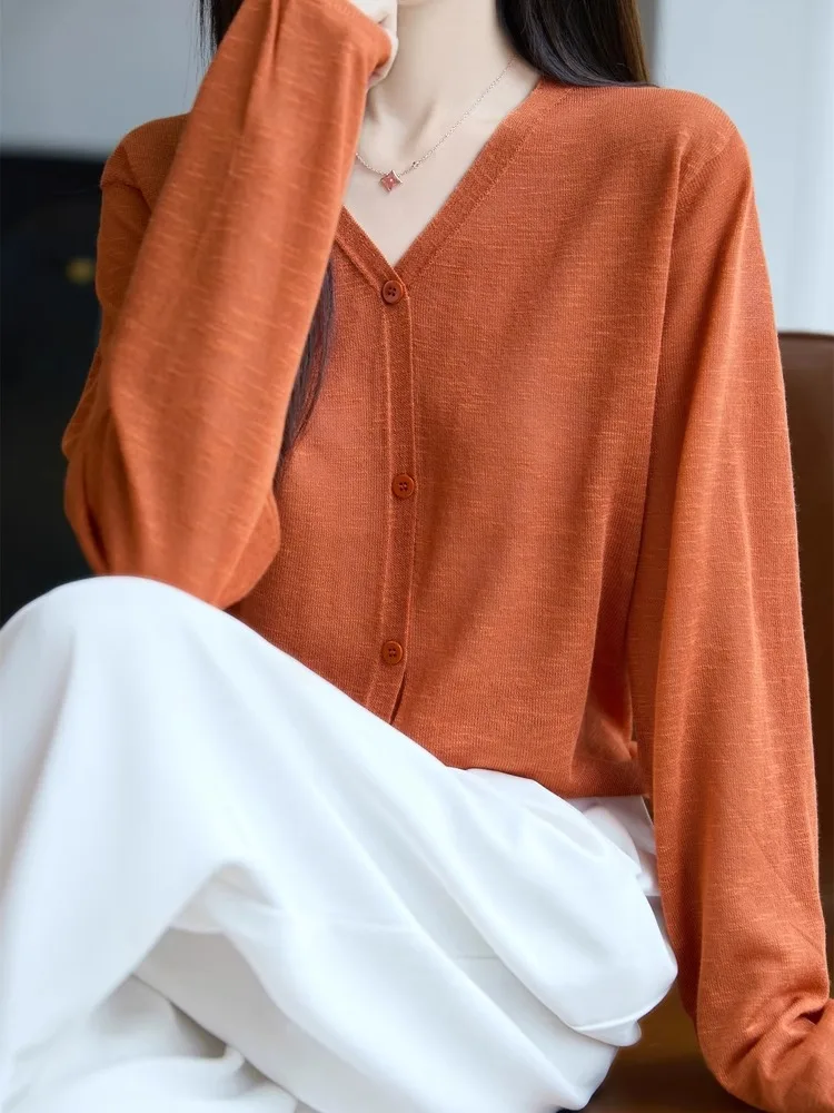 

Summer Bamboo Ray V-Ne Knitted Open Cardigan Women's Outerwear Pure Color Long Sve Base irt Thin Air Conditioning Sun ...