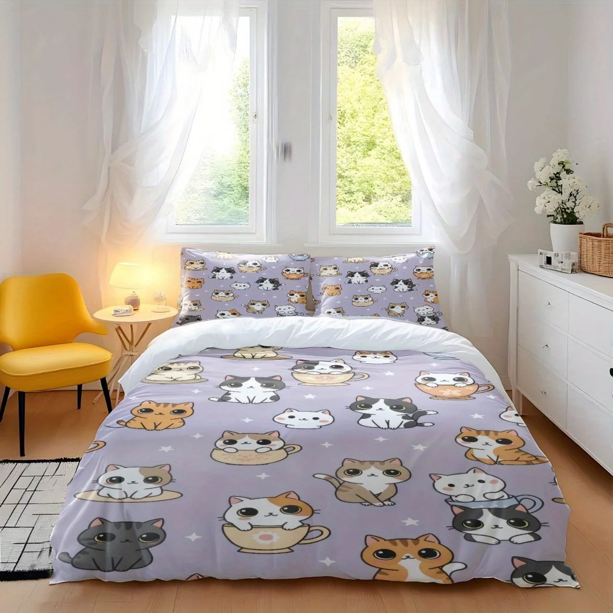 Soft Duvet Cover Set of Three 2D Flat Printed Duvet Cover Set Duvet Cover Set with Cartoon Cat Print, Machine Washable, Invisible Zipper, Large Duvet Cover Set, Bedding Set Quilt Cover - view 4