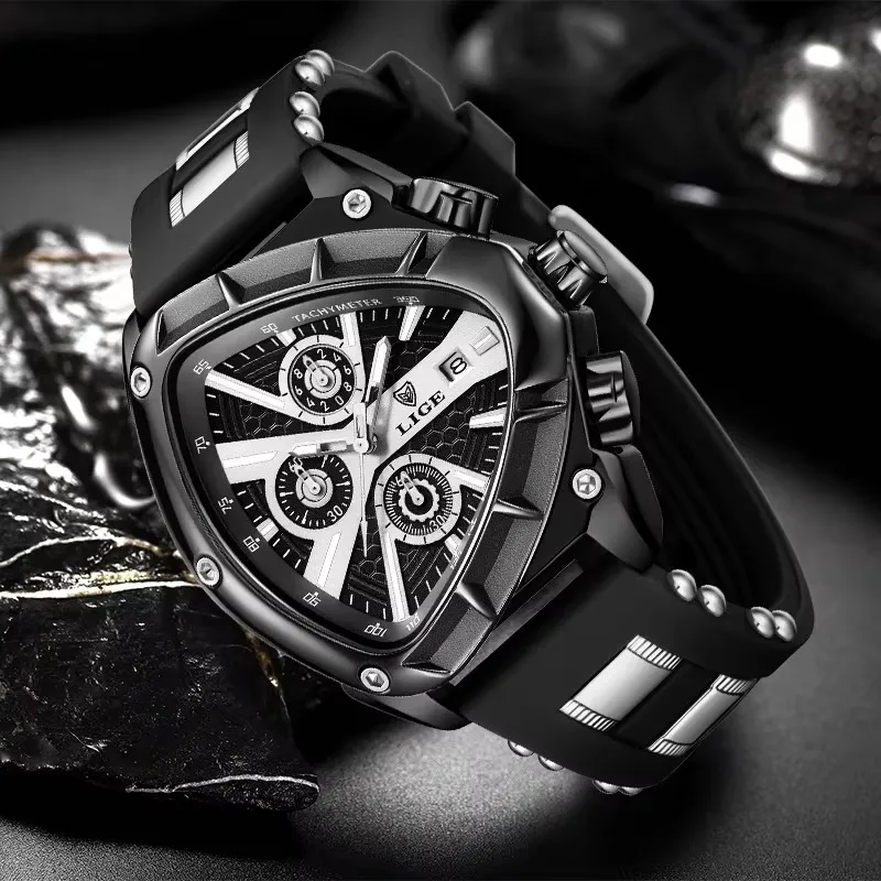 LIGE جديد ساعات رجالي الإبداعية مثلث كوارتز ساعة اليد مؤشرات مضيئة العسكرية المطاط حزام ساعة الرجال ساعة مقاومة للماء