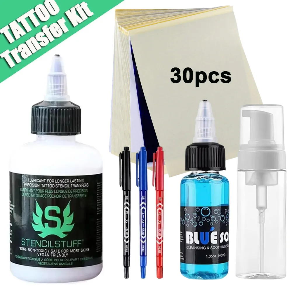 

Tattoo Transfer Kit with Tattoo Transfer Cream Transfer Paper and Concentrating Tattoo Blue Soap with 100ml Foaming Bottle