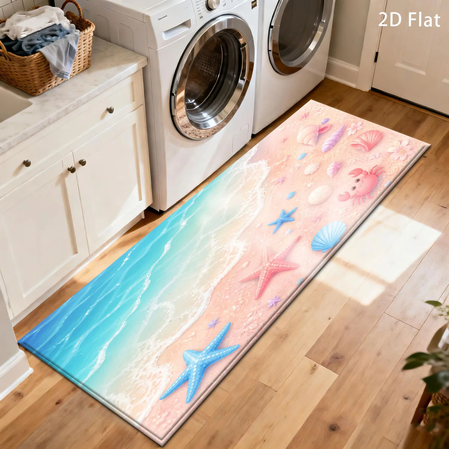 Pink Sand Beach Crab Starfish Laundry Runner Mat Anti Slip Blue Wave Shell Flower Cute Ocean Print Carpet for Kitchen Hall