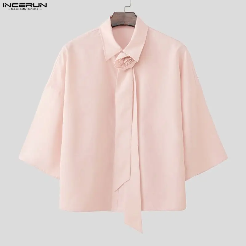 

INCERUN Men Shirt Solid Color Lapel Half Sleeve Casual Menswear Clothing Loose Streetwear 2026 Korean Style Tops Shirts For Man