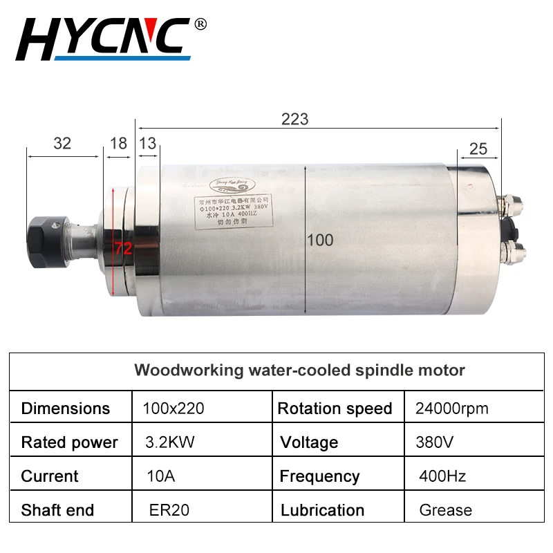 3.2KW Water-Cooled Spindle Electric ER20 Chuck 220V 380V Diameter 100MM 4 Bearing For CNC Router Engraving Milling Machine