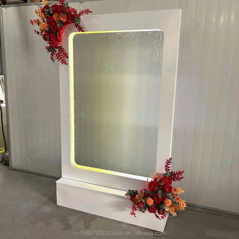 custom.Modern Style Wedding Waterfall Backdrop Hot Sale with White Background Tempered Glass Metal Stand Event Decoration