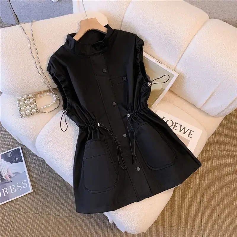 Korean Loose Drawstring Vests Jacket Spring Autumn New Pleated Solid Color Sleeveless Casual Tops Vintage Fashion Women Clothing