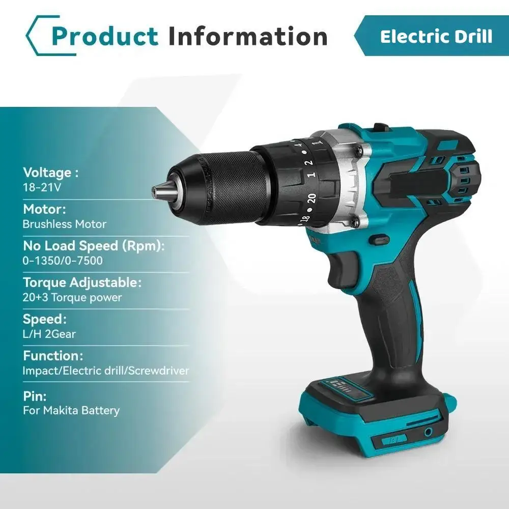 Brushless 3-IN-1 Cordless Impact Drill 480 N.M 20+3 Torque Electric Screwdriver Rotary Tool Compatible Makita 18V Battery