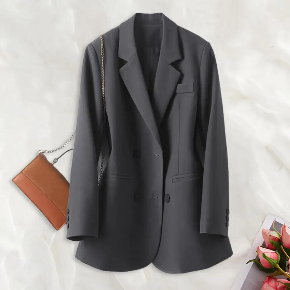 Solid Color Suit Coat Elegant Women's Double Breasted Suit Jacket with Lapel Pockets Stylish Office Lady Coat for Workwear Solid