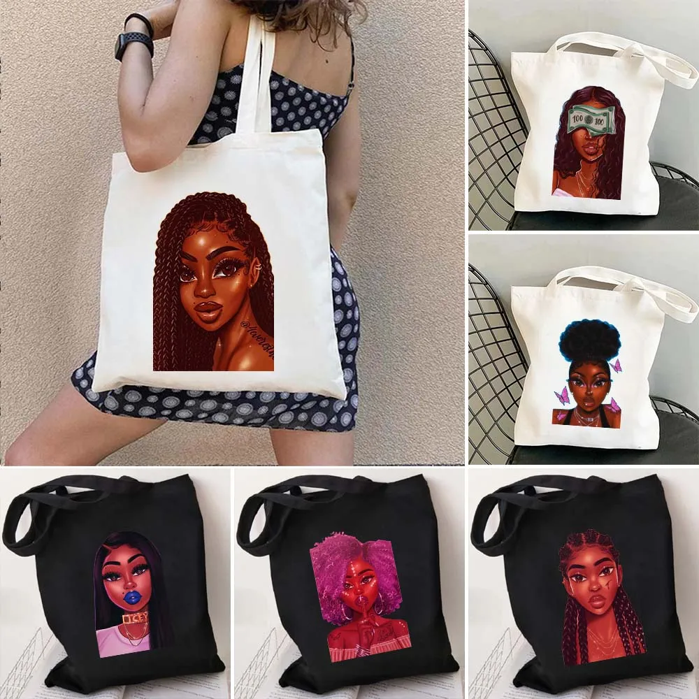 African Melanin Poppin Fashion Sexy Black Girls Women Canvas Shoulder Bag Casual Handbag Totes Cotton Summer Books Shopping Bags