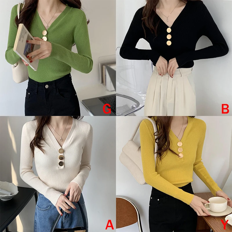 V-Neck Thin Base Sweater With Metal Buttons Slim Fit And Fashionable Ladies Style Knitted Top Commuting Sweater