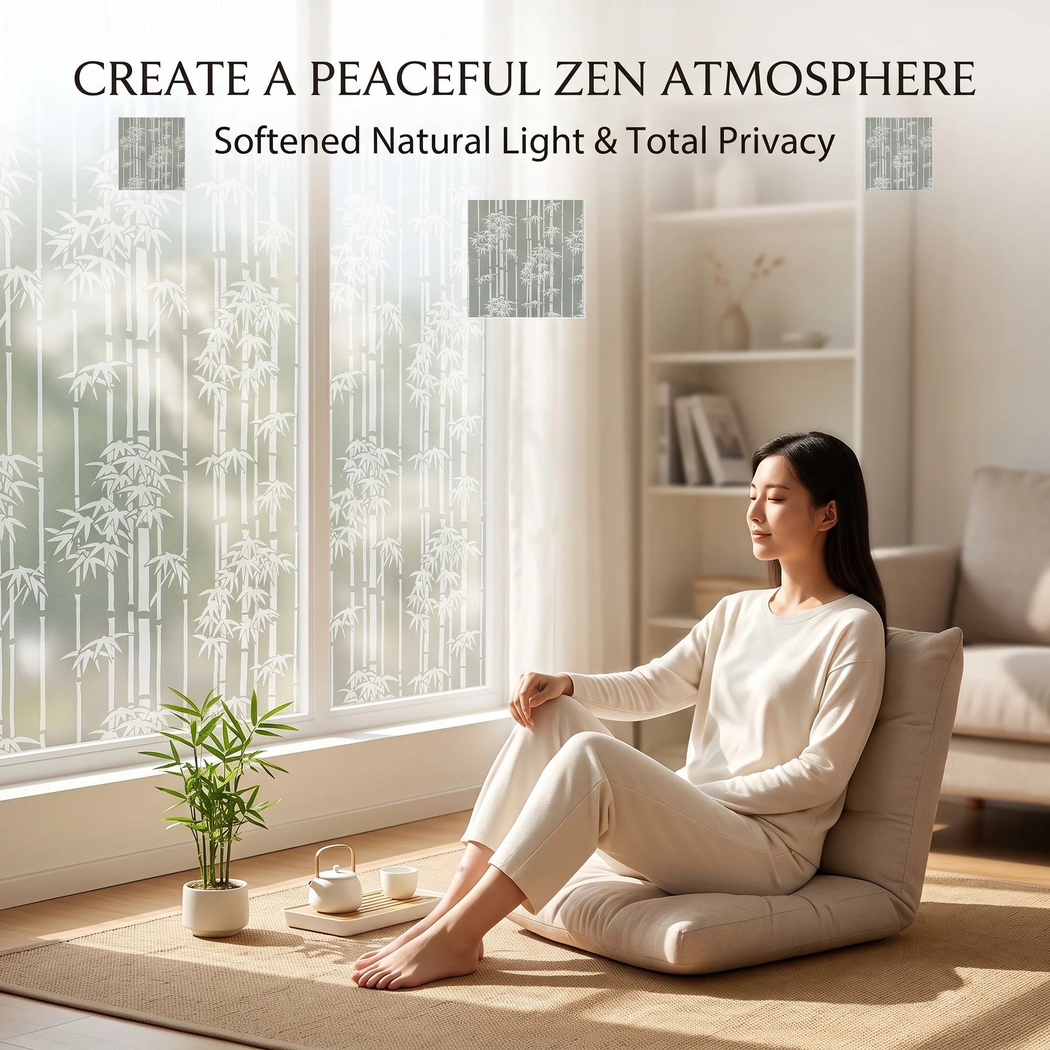 Elegant Vertical Bamboo Silhouette Window Film Self-Adhesive Frosted Privacy Protection Waterproof Oil-Proof Anti UV Heat