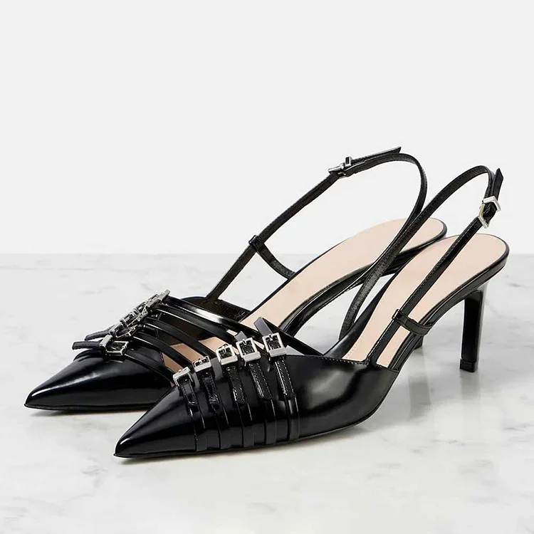 

Black Pointed Toe Buckled Strappy Slingback Pumps Heels