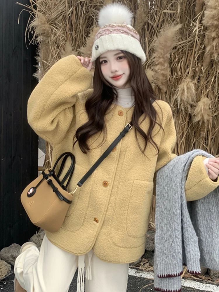 

Женское кожаное пальто с длинными рукавами и мехом, свободного кроя, осенне-зимнее, модное, универсальное, теплое, с круглым вырезом, на пуговицах