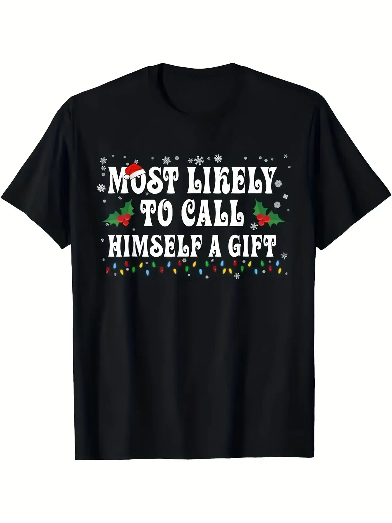 Men's fun Christmas T-shirt, which could be considered a gift, features snowflake and hollyberry prints, black casual short-sleeve round-neck T-shirt, suitable for holidays, parties, and casual wear, machine washable, holiday apparel