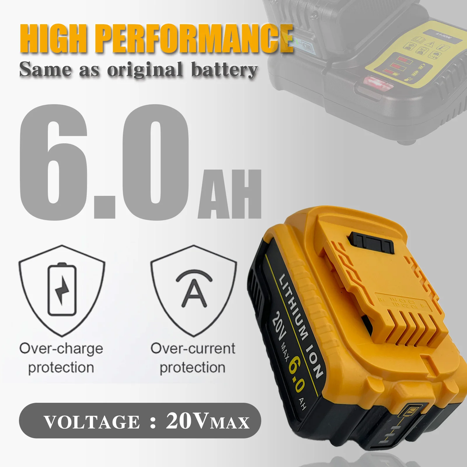 8 Pak pengganti baterai Li-Ion 6000 mAh DCB205 ditingkatkan untuk baterai MAX 20V DeWALT, untuk alat listrik tanpa kabel seri DeWALT