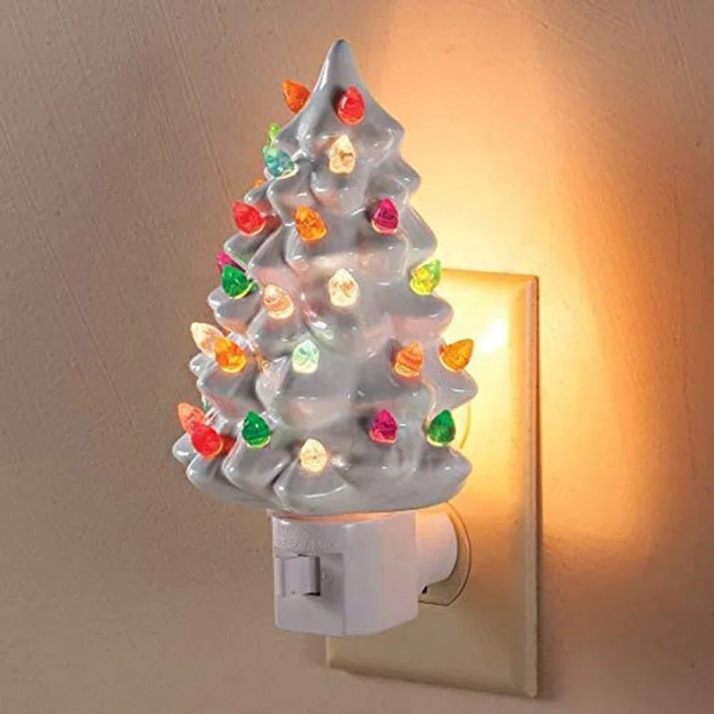 Christmas Tree LED Night Light Ceramic Decorations Vintage Green Xmas Tree Wall Plug in Night Lamp Hand Painted Nightlight