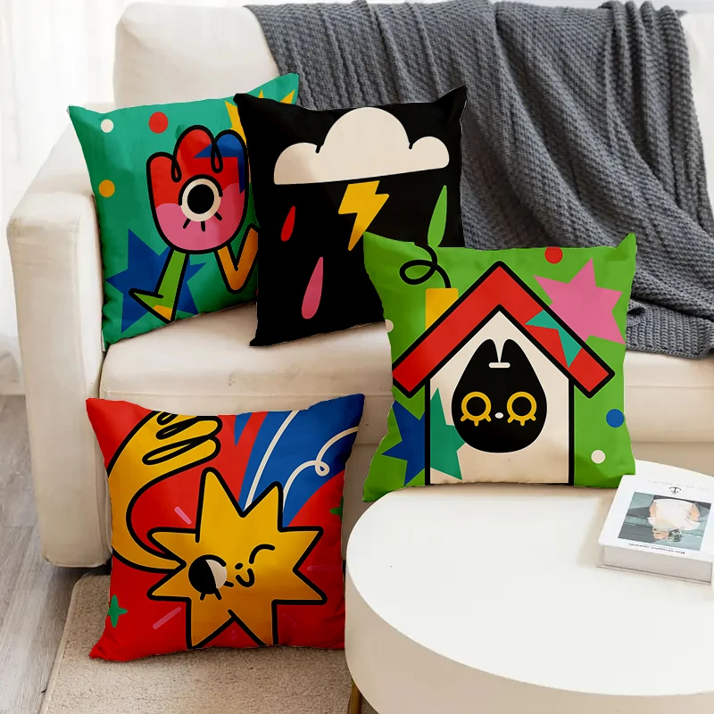 

Cartoon Pattern House Thunder And Rain Print Soft Square Pillowslip Linen Blend Cushion Cover Pillowcase Living Room Home Decor