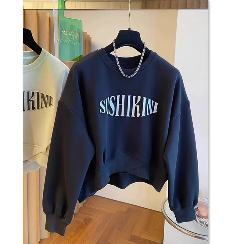 

Женский свитшот больших размеров (до 300 фунтов), свободный повседневный топ с буквенным принтом, весенняя модная корейская одежда для полных женщин, удобный короткий топ