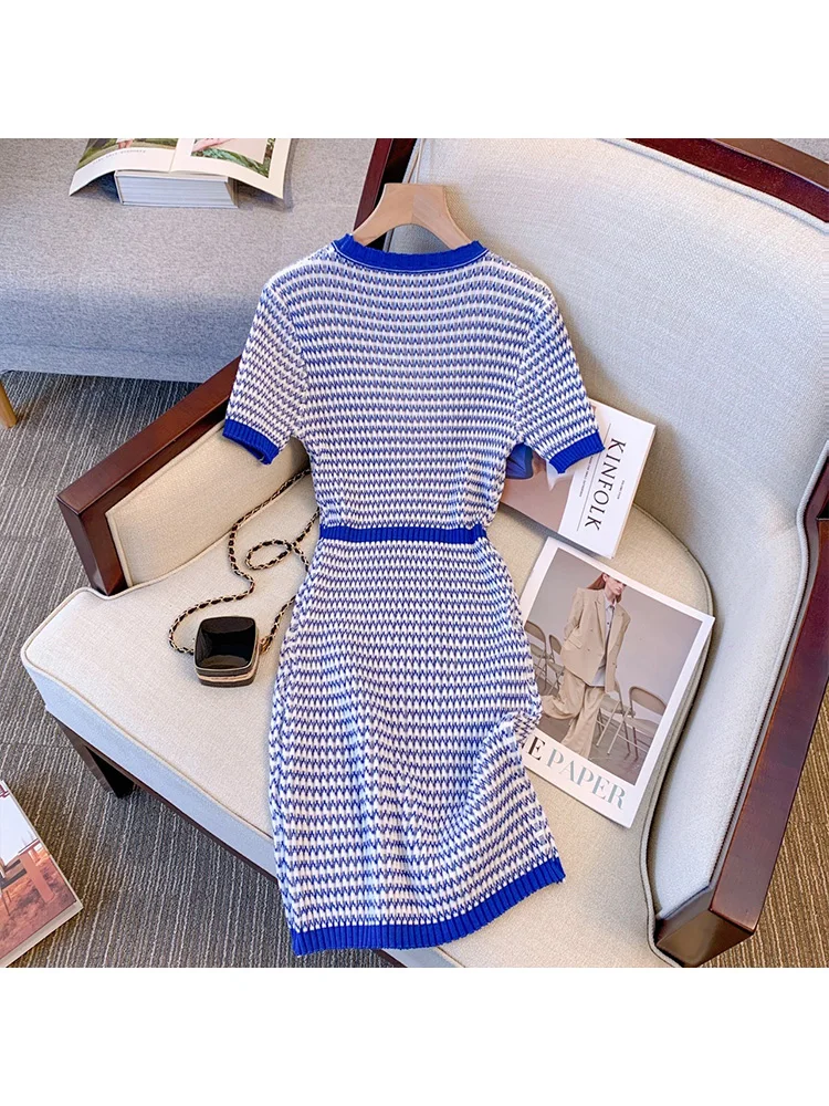 2023 Summer Vintage Short Sleeve O-neck Striped Blue Dresses Women\'s Elegant Classic Office Lady A-Line Ladies Slim Fit Dress