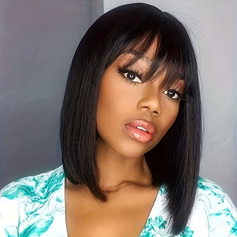 

Bone Straight Bob Wigs With Bangs Brazilian Human Hair Wig Full Machine Made Bob Wigs 180 Density Glueless Wigs for Women Choice