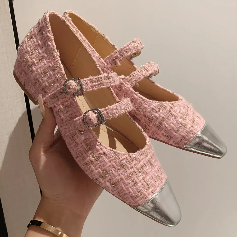 

Women's genuine leather fabric patchwork double belt round toe mary jane flats soft comfortable casual female sweet pink shoes