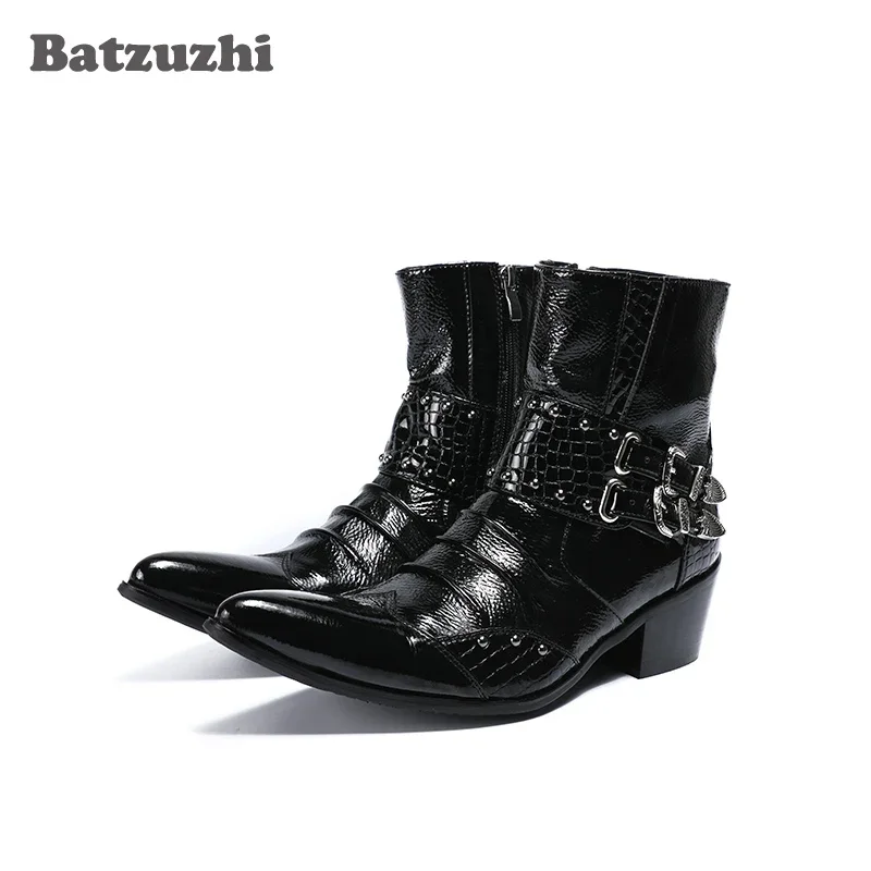 

Batzuzhi Handmade Rock Men Boots Ankle Pointed Toe Black Genuine Leather Boots Men with Buckles 6.5cm Heels Military Shory Boots