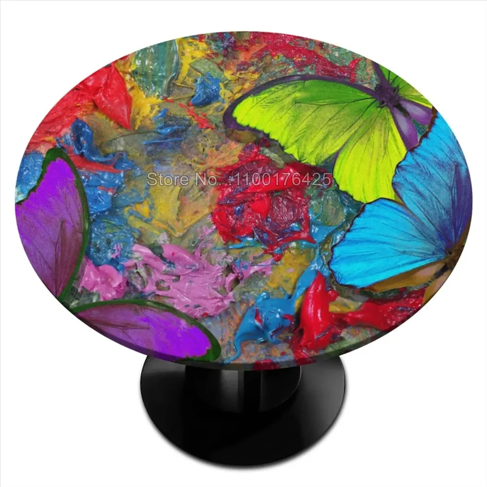 Colour Floral Butterfly Round Fitted Tablecloth Elastic Table Cover Waterproof Dining Table Cover for Indoor Outdoor Decor