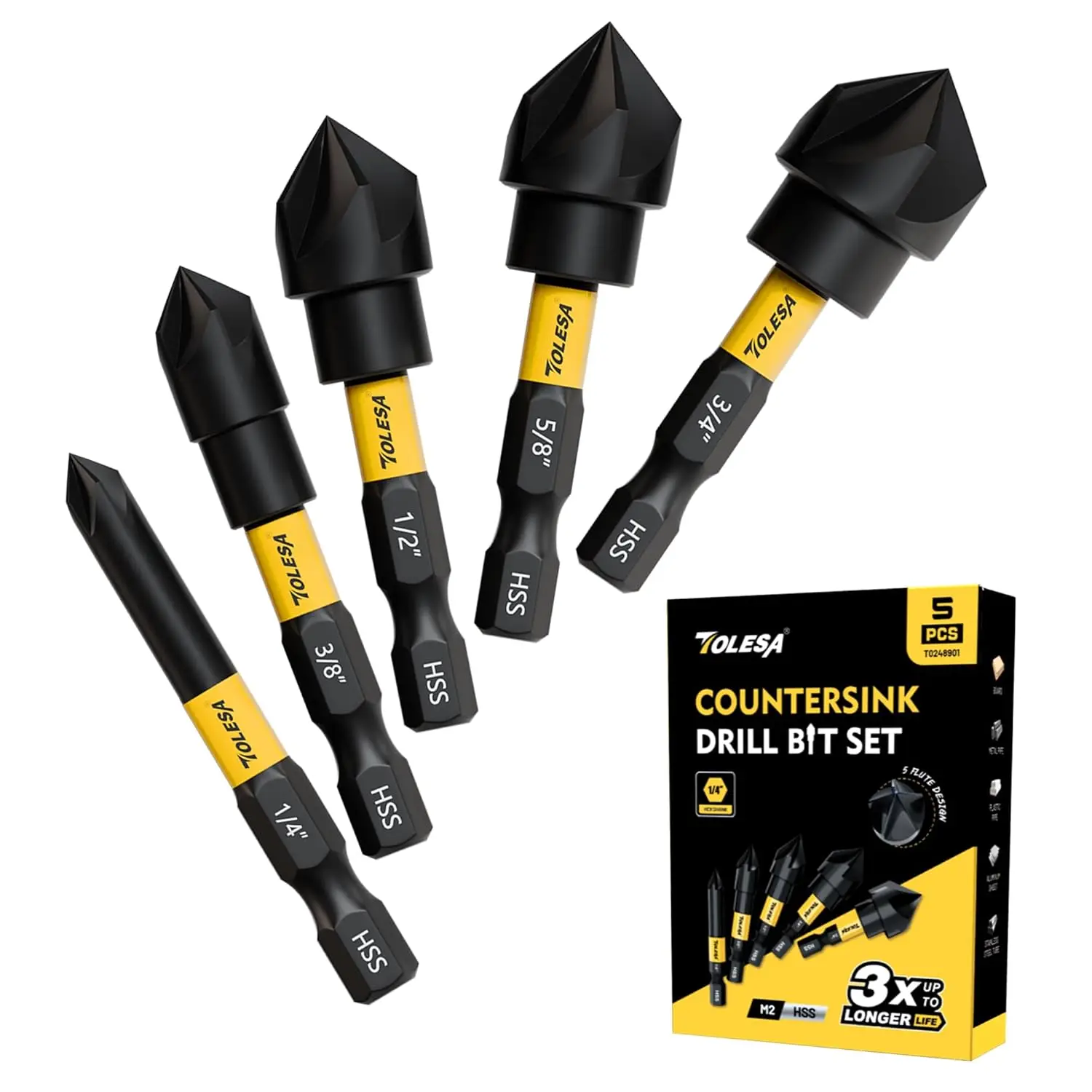 5-Piece 82° Countersink Drill Bit Set, 5 Flutes, HSS with Nitride Coating, 1/4" Hex Shank for Wood Metal Plastic, Sizes 1/4" to 3/4"