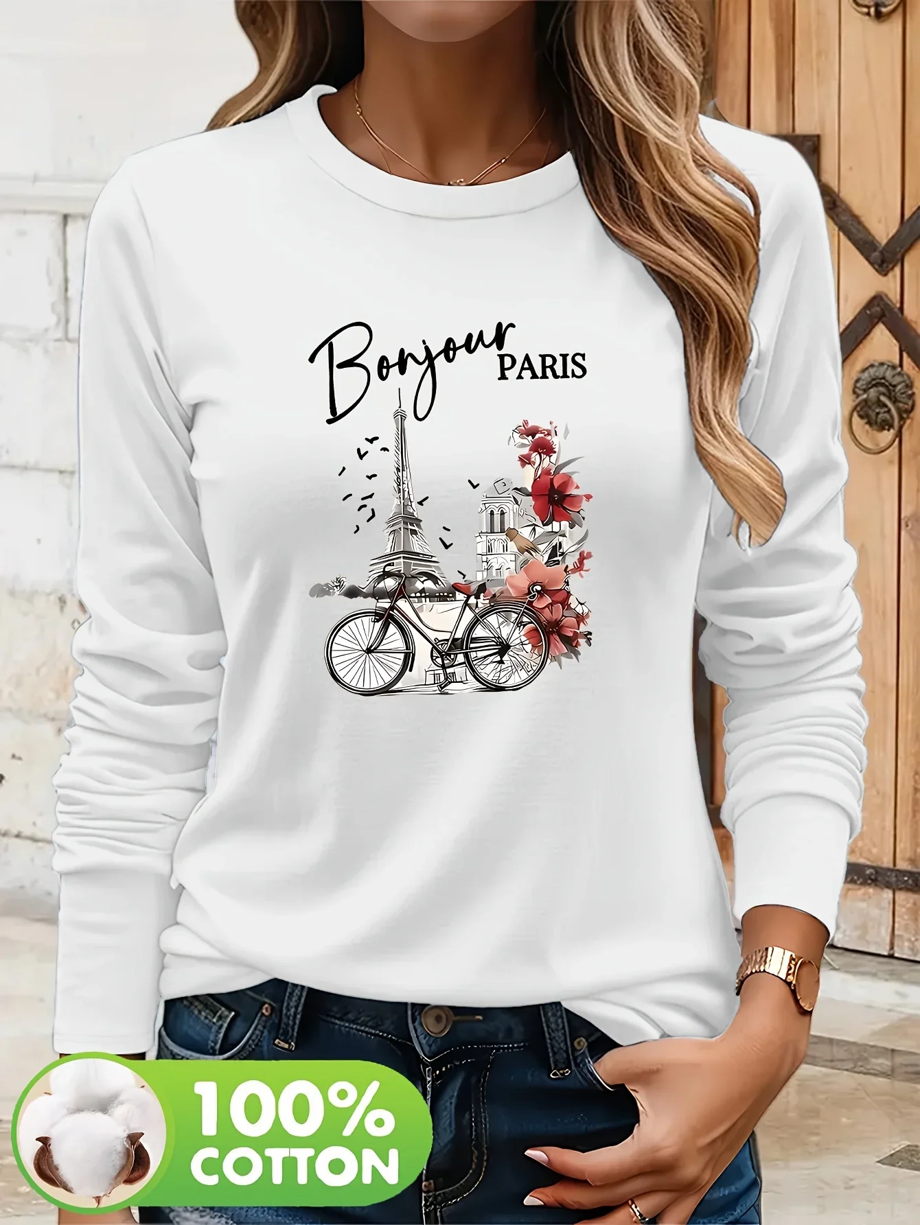 Women's Graphic 100% Cotton Long Sleeve T-Shirt Top with Floral Bicycle Casual Wear Artistic Paris Print Shirt Autumn Winter