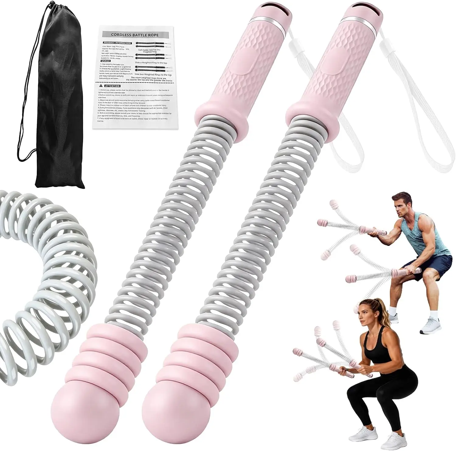 Portable Ropeless Battle Ropes, Adjustable Weights Cordless Battle Ropes for Home Gym with Storage Bag, Exercise Equipment for Low-Impact Workout, Strength & HIIT, for Men & Women (Pink)
