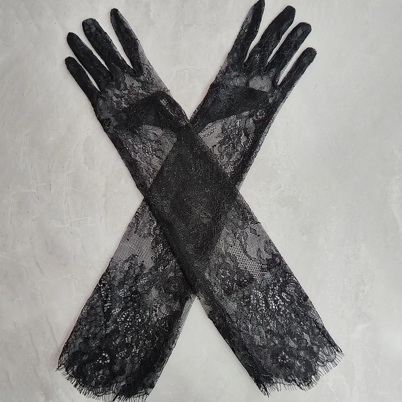 Sarung Tangan Panjang Hitam Putih Bunga Renda Tipis Seksi Wanita 55Cm Aksesori Gaun Pesta Pernikahan Pengantin Tulle Bulu Mata Jaring Transparan