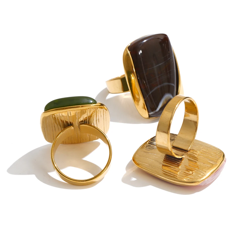 Yhpup Rosa-Grün-Kaffee-Farbener Acrylharz Rechteckiger Verstellbarer Ring 18K Goldfarben Edelstahl Modeschmuck – Detail 3
