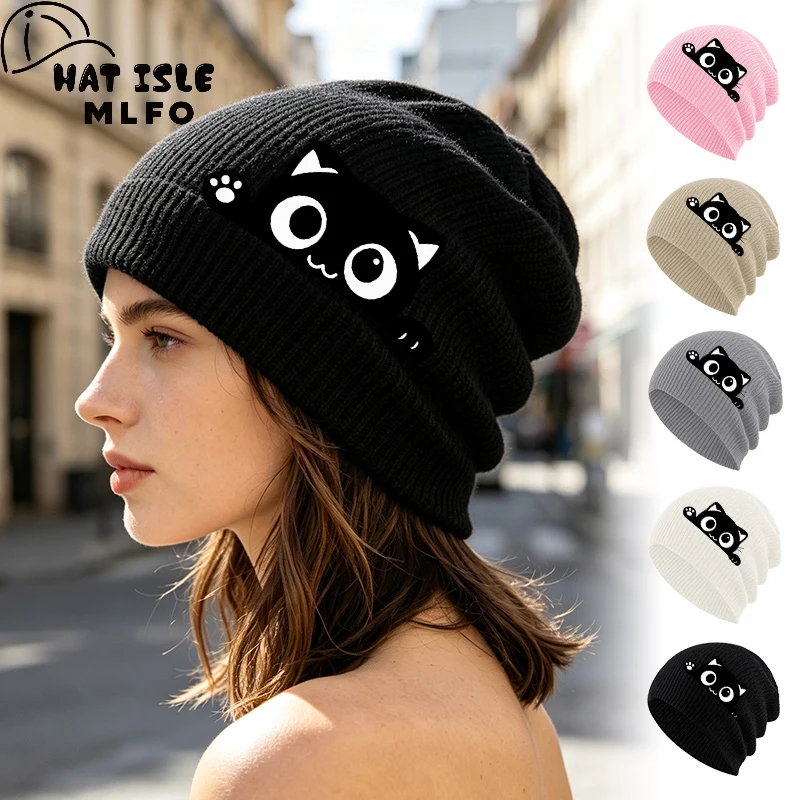 Cute Trendy Slouchy Beanie, Peeking Black Cat Cartoon Print, For Daily Casual Outing, Holiday Hangout & Friend Meetup