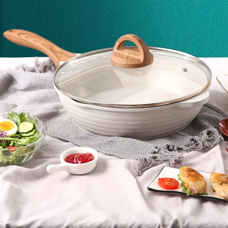 

Big Wok High Quality Party Glass Cover Chinese Cooking Pot Wooden Handle Medical Stone Frying Kitchen Temperos Cookware