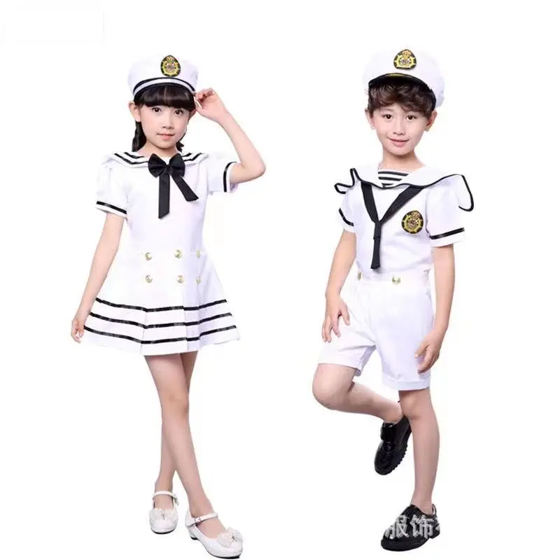 90-170CM Kids Costumes for Navy Sailor Uniform Halloween Cosplay Girls Party Performance Boys Marines Fleet Clothing with Hat