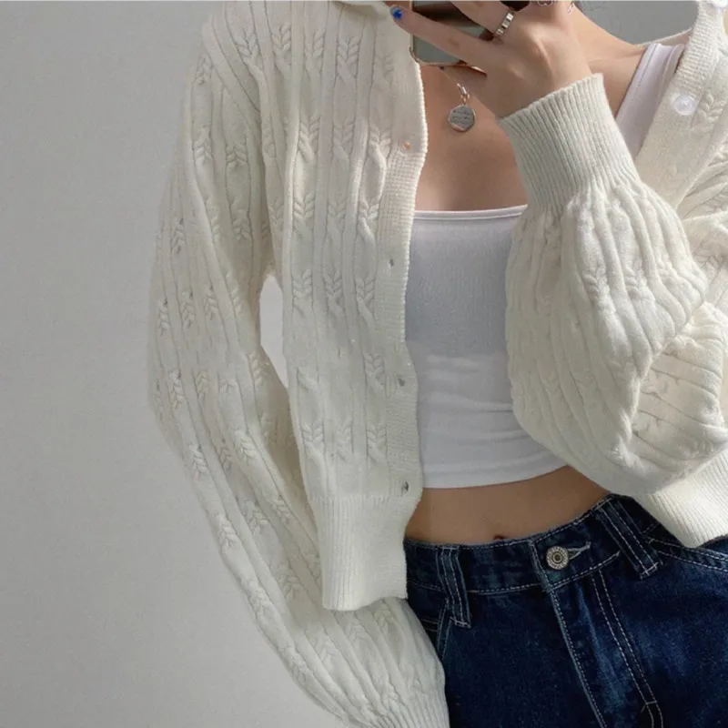 Vintage Solid Slim Crop Sweater Cardigan Women Polo Collar Korean Basic Lattern Sleeve Black Knitt Jumper Female Autumn