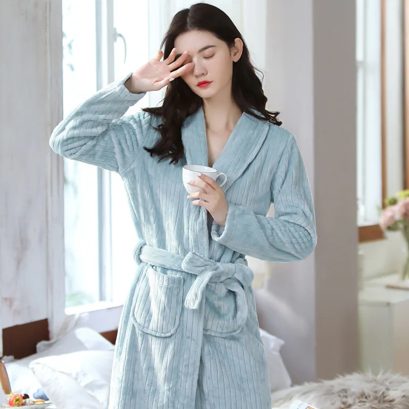 Long Sleeve Plush Bathrobe Kimono Couple Flannel Bathrobe Winter Sleepwear Fleece Nightwear Peignoirs Thick Warm Homewear