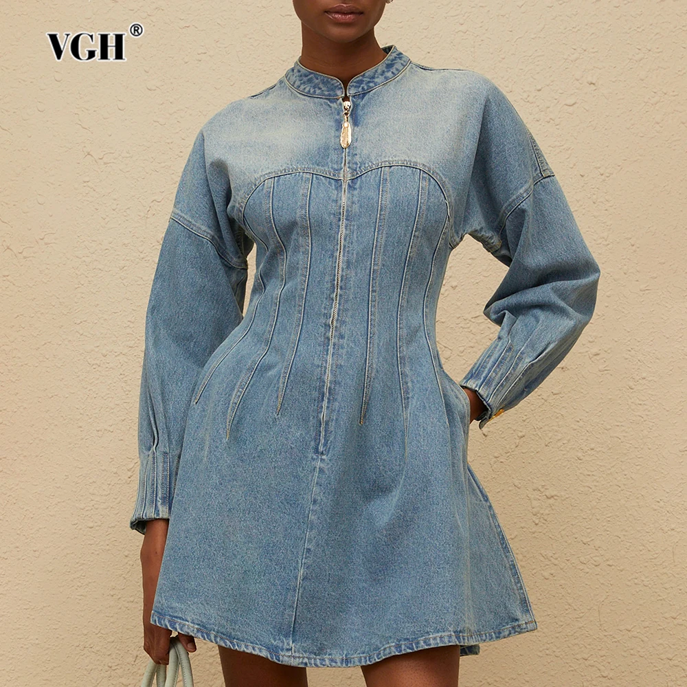 

VGH Casual Slimming Solid Denim Short Dresses For Women Round Neck Long Sleeve High Waist Designer Dress Female Fashion Style
