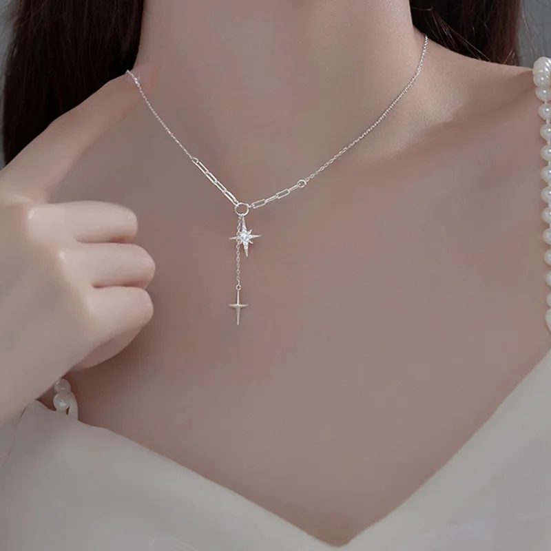 Silberfarbene Y-Halskette für Damen, Modische Kristall-Stern-Anhänger-Halskette, Lange Quasten-Schlüsselbeinkette, Damen-Party-Schmuck – Detail 1