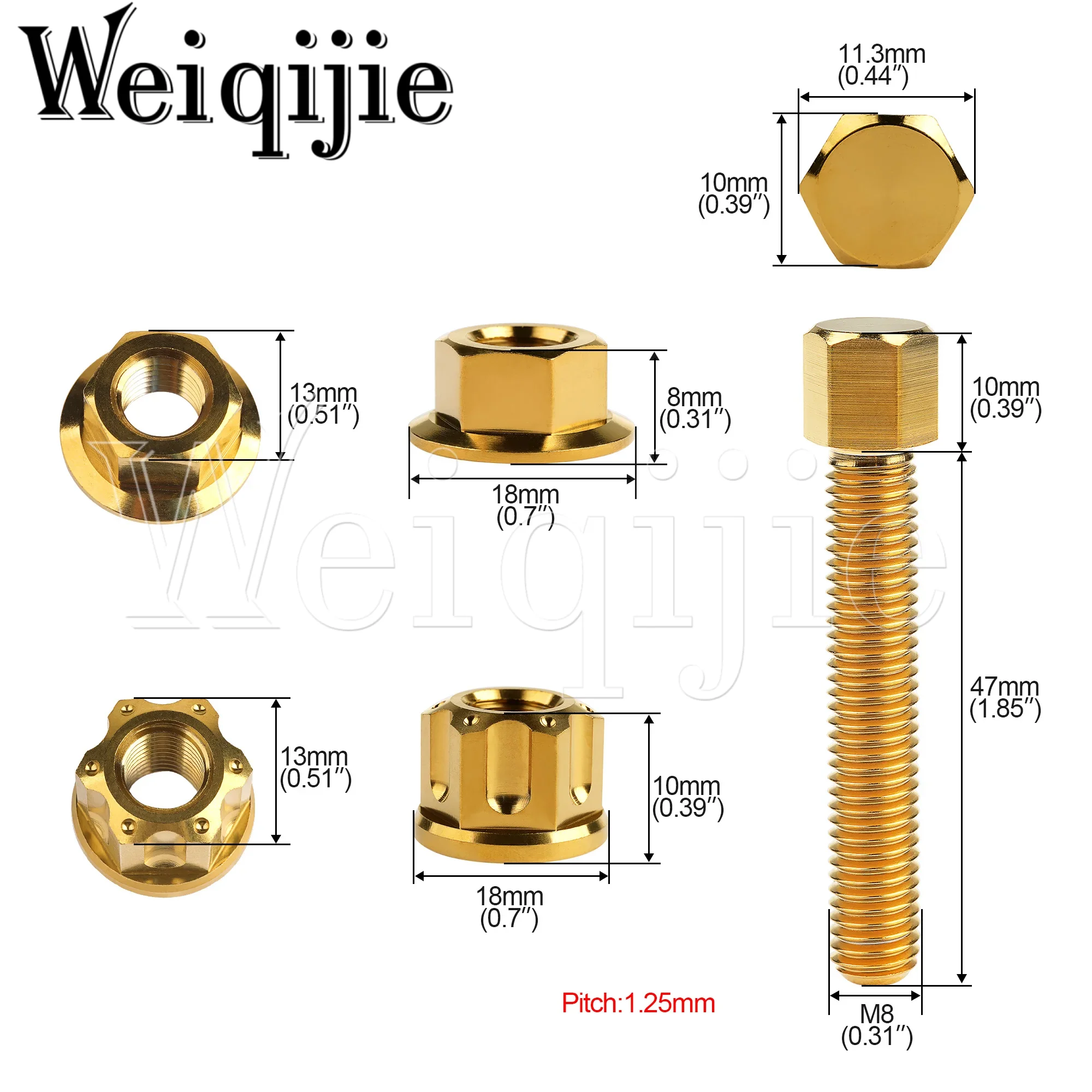 Weiqijie 2PCS Titanium Bolts M8/M10x47mm Hexagonal Head Screws And Flange Nuts Parts For Motorcycle Chain Tensioners