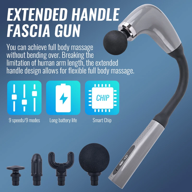 

Fascia Gun with Upgraded Extended Handle Massage Deep Tissue Impact Ergonomic Design USB - U Fast Charge 4 Unique Heads Lesen