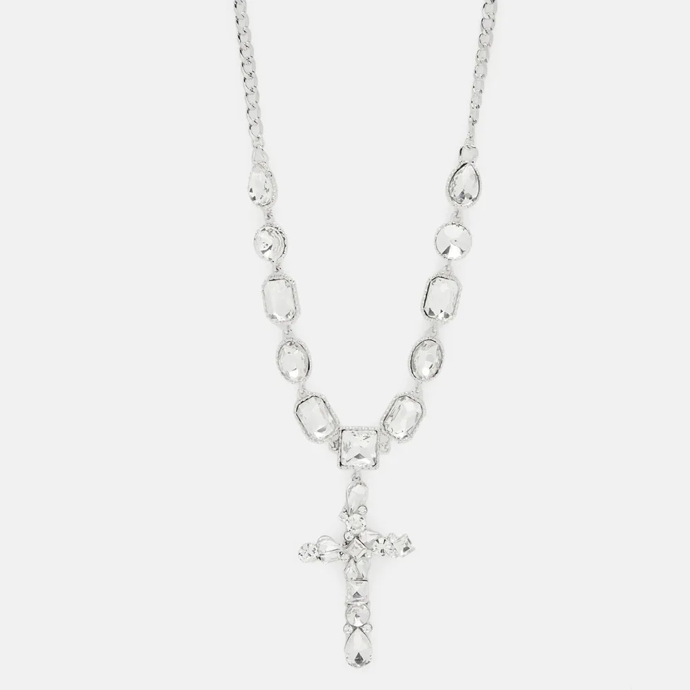 XSBODY Fashion Baroque Cross Pendant Choker Necklace Clavicle Decoration Shiny Y2k Pendant Rhinestone Collar Chain Neck Jewelry