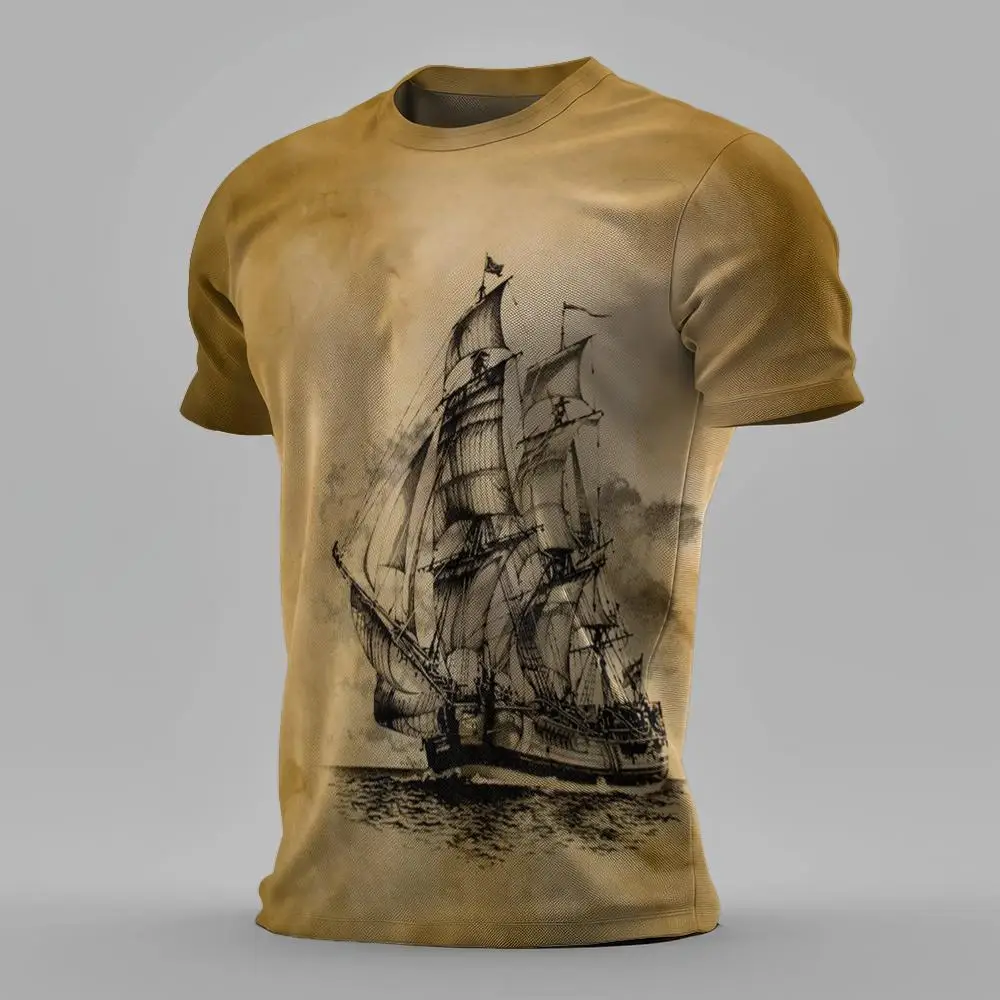 Summer Men Classic Vintage Sailing Pattern 3d Printed T-shirt Short Sleeve Loose Breathable Man T Shirt Plus-Size Casual Top