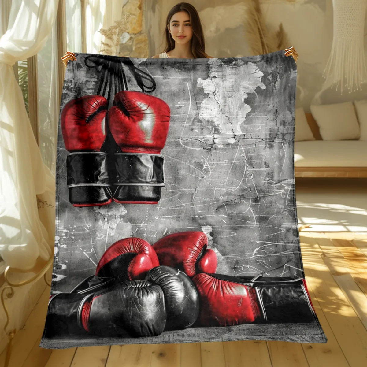 Boxing gloves vintage gym sport theme blanket athletic decor fight training gift soft fleece blanket fitness enthusiast throw