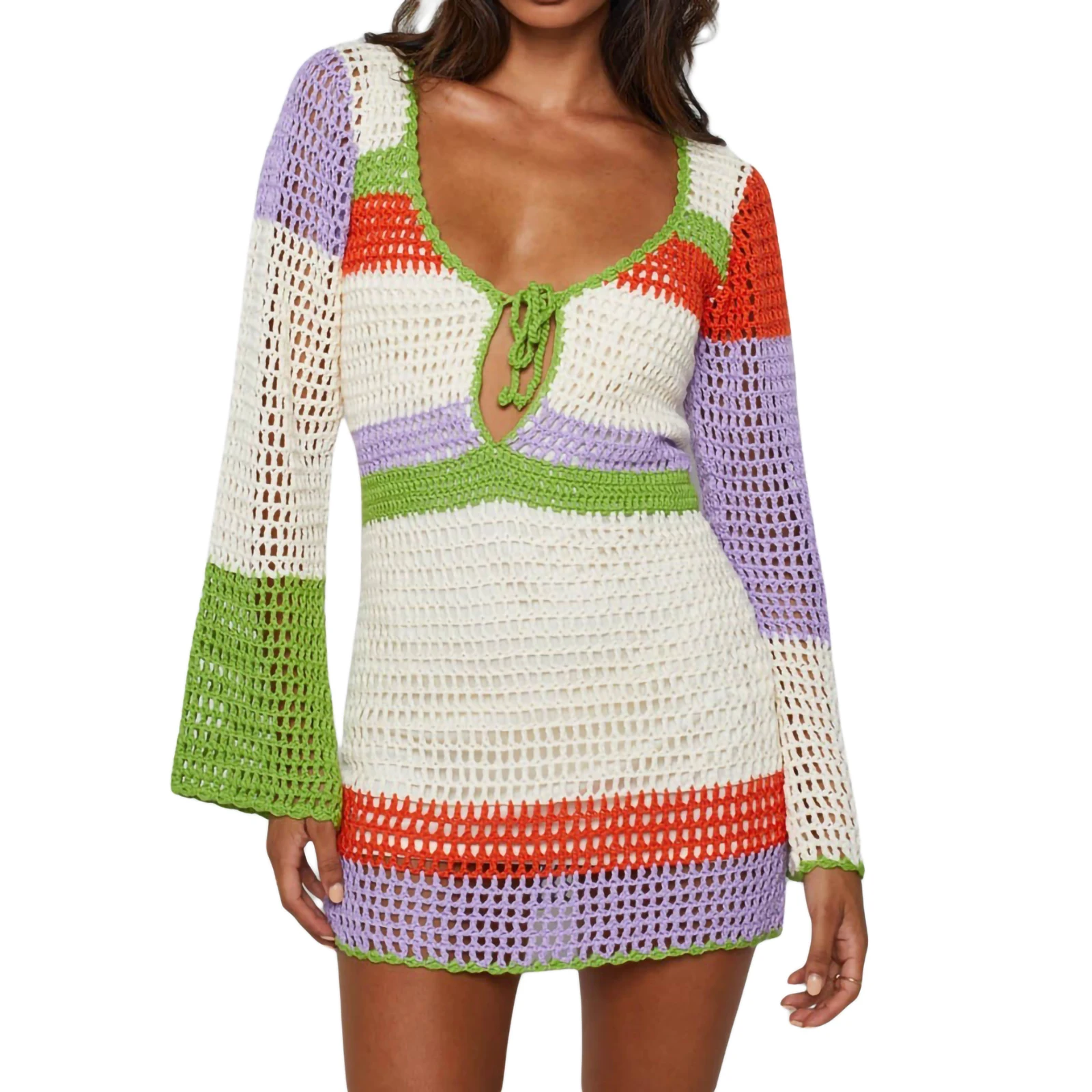 Nowa damska sukienka plażowa, długi rękaw, głęboki dekolt, kontrastowe kolory, ochrona przeciwsłoneczna, wycięcia, midi, typu smock, idealna na letnie stroje plażowe.